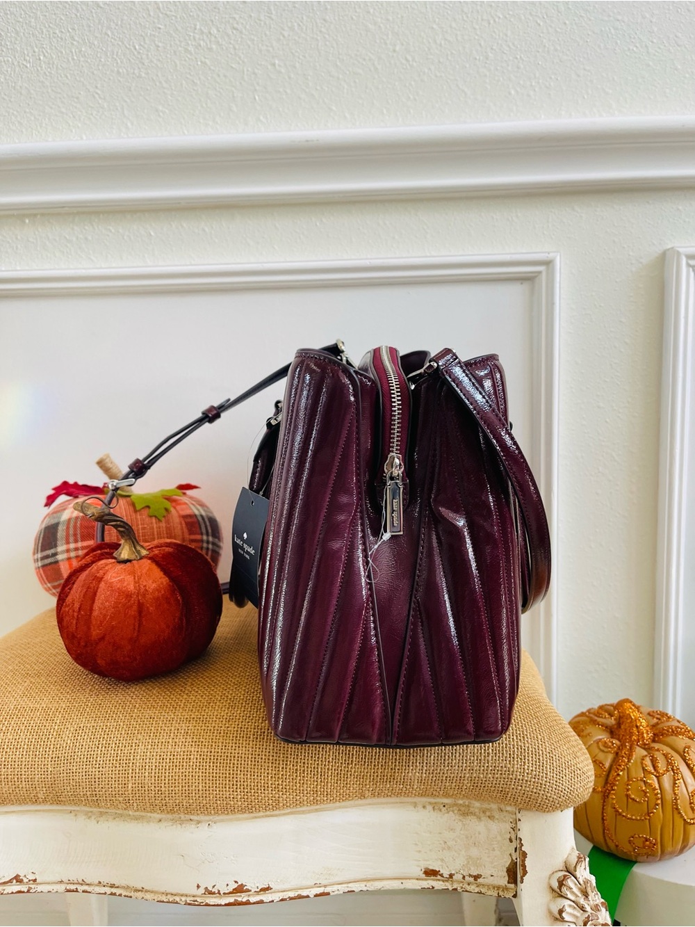 Kate Spade New York Thompson Street Shiny Quilted Satchel Bag Burgundy - Picture 12 of 16